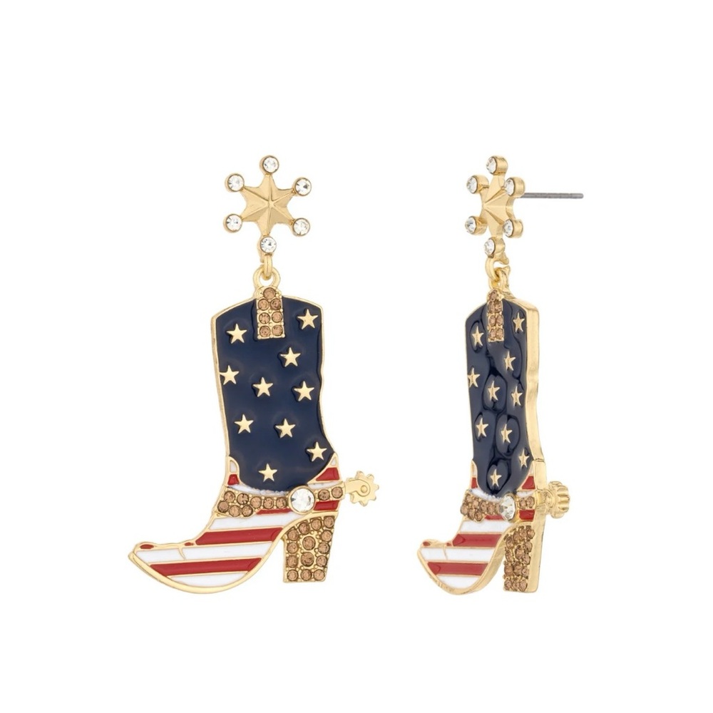 Cute Fourth of July western theme earrings cowboy boots, hats, and sunflowers